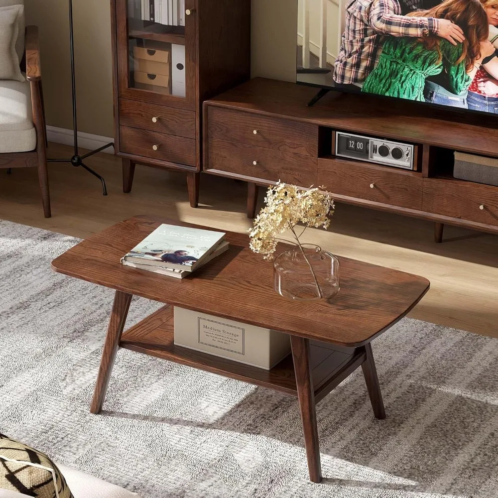 100% Solid Oak Wood Coffee Table for Living Room, Small Coffee Table with Shelf Storage, Mid Century Modern Coffee Table with Ro 3