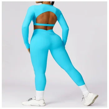 long sleeve gym wear apparel thumbhole v neck legging 2 piece set training shirt high- pant sweat wicking yoga set 16