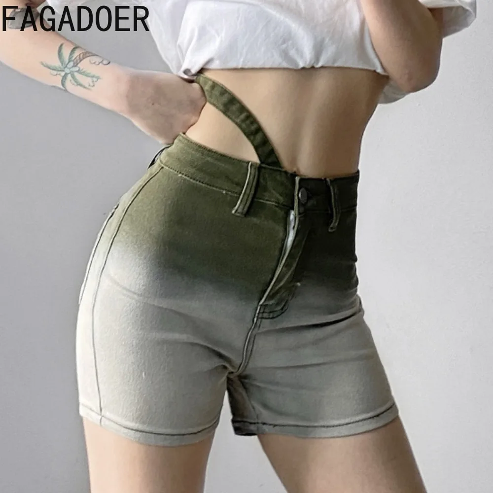 FAGADOER Fashion Gradient Print Denim Shorts Women High Waist Button Skinny Jean Spring New Female Solid Matching Cowboy Bottoms