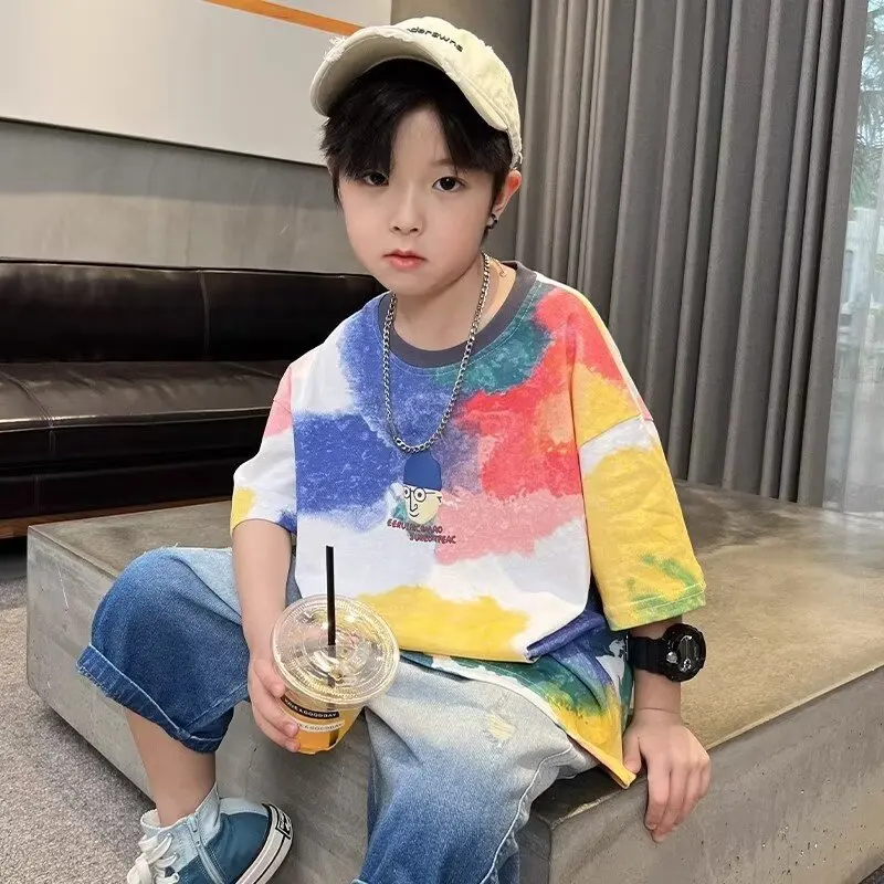 2024 Boys T-shirt High Quality Kids Clothes Summer Cartoon Graffiti Printed Tees Short Sleeve Children Tops Trendy New Styles