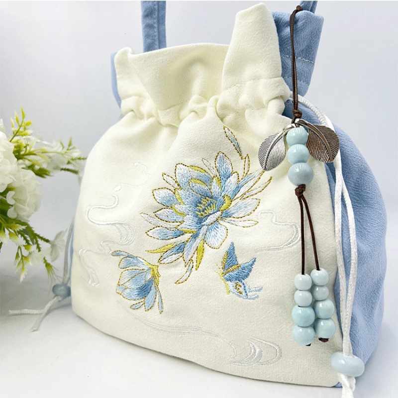 Chinese Style Retro Flower Embroidery Crossbody Top-handle Bags Women Shoulder Lace Drawstring Bucket Bag Coin Purses Handbags