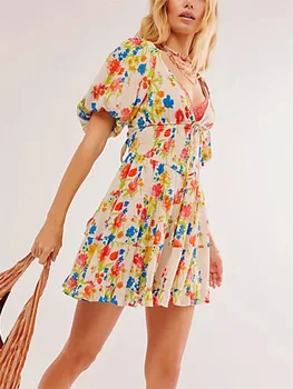 Women Mini Dress Floral Print Tie-Up Front Short Sleeve Dress Summer Casual A-line Dress 4