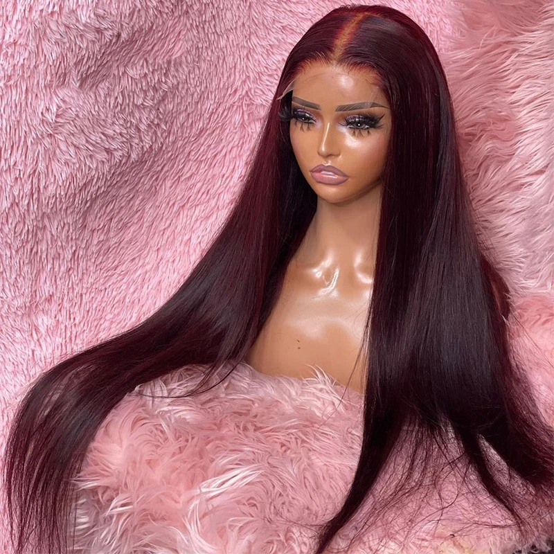 

99J Glueless Soft Deep Long 26 inch 180 Density Straight Burgundy Lace Front Wigs For African Women Babyhair PrePlucked Daily