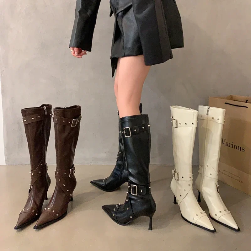 

2024 Autumn Winter Belt Buckle Retro Boots High Heel Pointed Rivet Cowboy Boots Women's Shoes Thigh High Boots