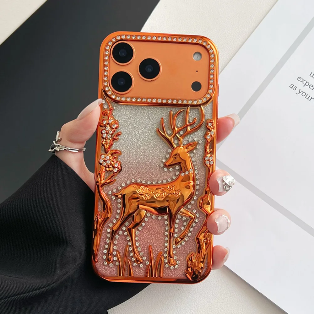 Glitter Rhinestone Deer Phone Case with Full Screen Protection and Soft Plating Armor Design