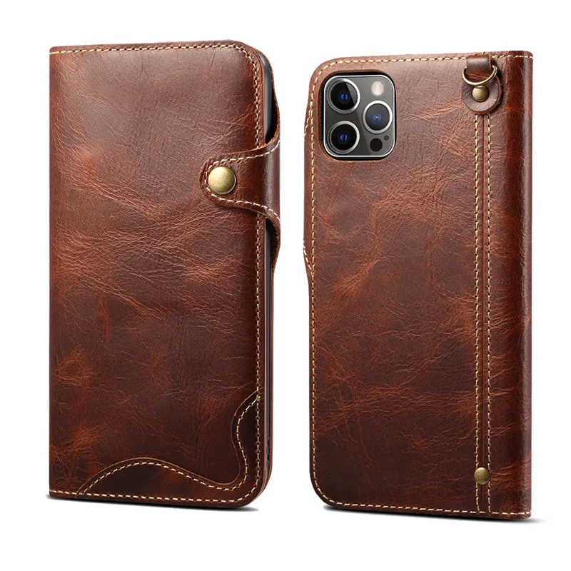 Elegant Genuine Leather Wallet Phone Case with Hand Strap