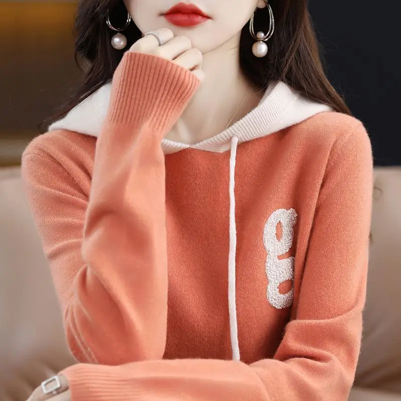 

Women's Slim Letter Solid Color All-match Knitted Sweaters Long Sleeve Autumn Winter Fashion Hooded Drawstring Patchwork Jumpers