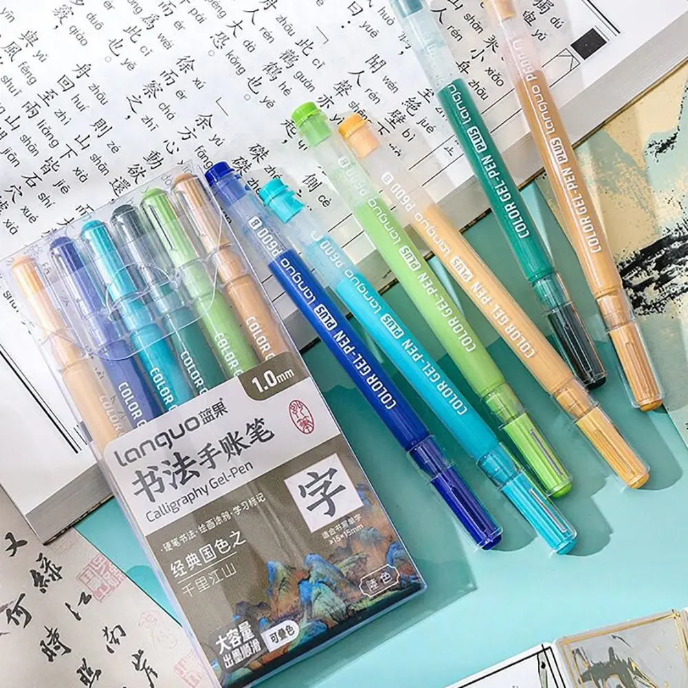 6Pcs 대용량 잉크 서예 젤 펜 쌓을 수 있는 컬러 부드러운 쓰기 멀티 컬러 중립 펜 미적 문구