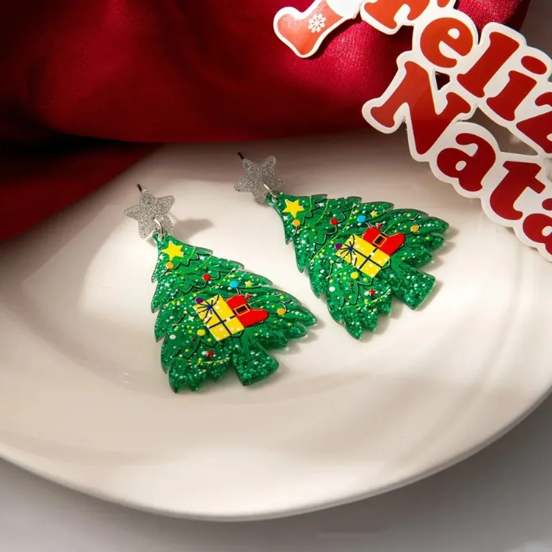 Cute Cartoon Acrylic Christmas Tree Dangle Earrings Xmas Elk Snowflake Bells Earrings for Women Holiday Party Jewelry Gift