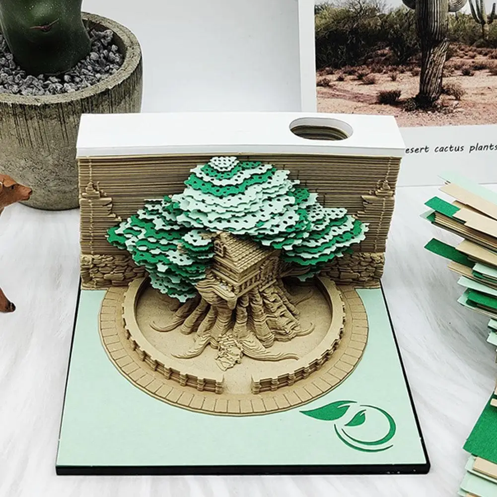 

Omoshiroi Block 3D Notepad Memo Green Tree House Stereo Art Paper Carved Craft Gifts Sticky Note Block Notes Desktop Ornaments