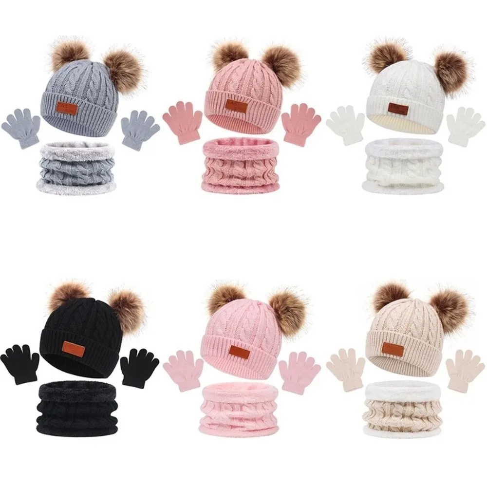 3pcs/set Solid Color Baby Hat Scarf Gloves Set Cute Pompom Warmer Knitted Hats Comfortable Kids Hat Set Autumn Winter