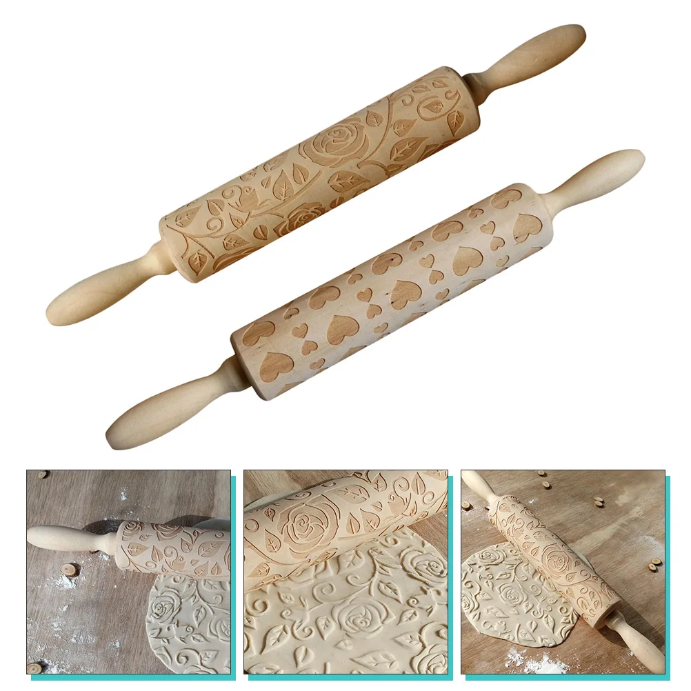 

2pcs Rose Heart Wooden Rolling Pin Embossed DIY Gourmet Roller Long Dough Roller