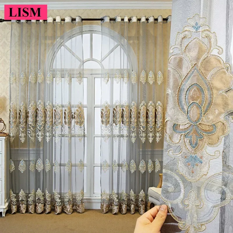 

Luxurious European Coffee Gold Embroidery Tulle Curtain for Living Room Glass Door Decor Grey Jacquard High End Sheers Window