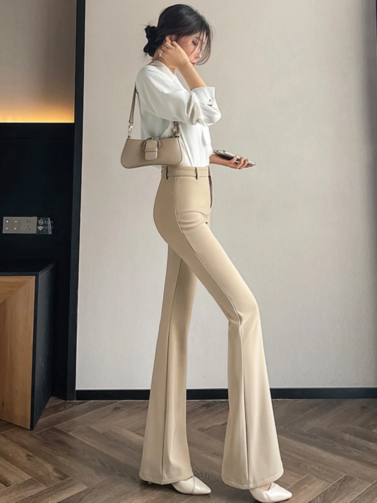 High Waist Stretchy Suit Pants Women's Slimming Casual Long Trousers Fall Winter New Sle Bell Bot Hidden Zipper ket