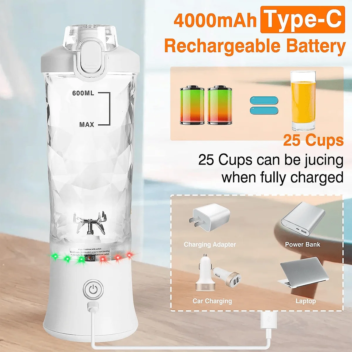 Portable Blender Bottle, 600ML Personal Smoothie Maker, USB Rechargeable Leak-Proof Design for Shaking Travel Accompany