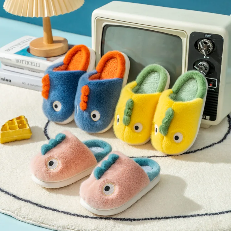 

Children's Plush Slippers Cute Cartoon Dinosaur Flat Fuzzy Slipper Soft Sole Winter Warm Baby Boy Girls Indoor Home Cotton Shoes