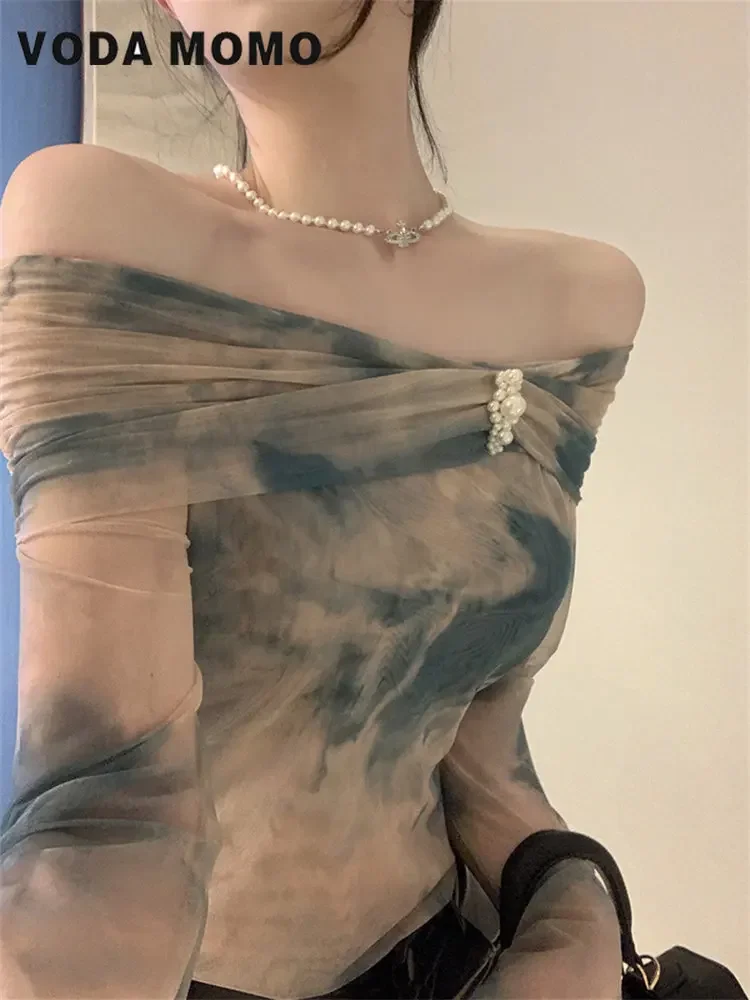 Moda Sexy Con Spalle Scoperte Coreano Retrò Tie Dyed Mesh Off Spalla Perla Pin Pullover Camicia Pittura A Olio Halo Tinto Tencel Top