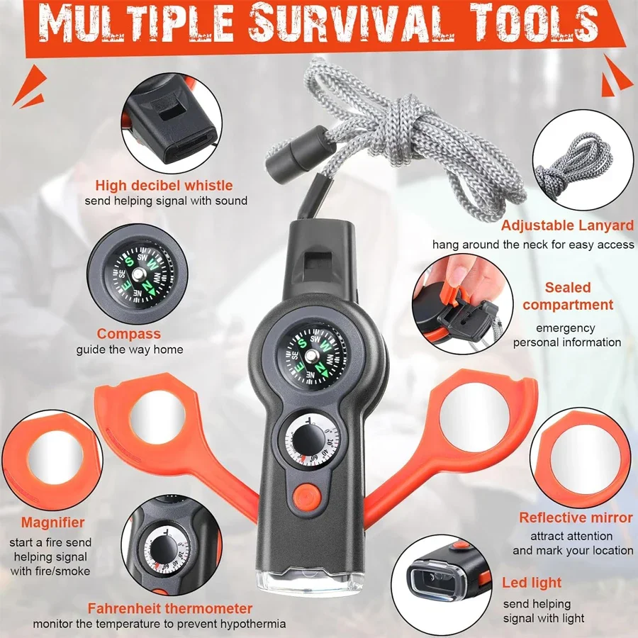 7-in-1 emergency survival whistle with hanging rope-made of durable PVC material, for rowing, kayaking, hiking, camping