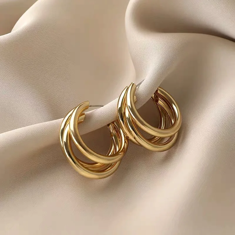 Three-ring Hoop Earrings For Women Modern Gold Color Circle Earring 2022 Trendy Korean Fashion Jewelry boucle oreille femme