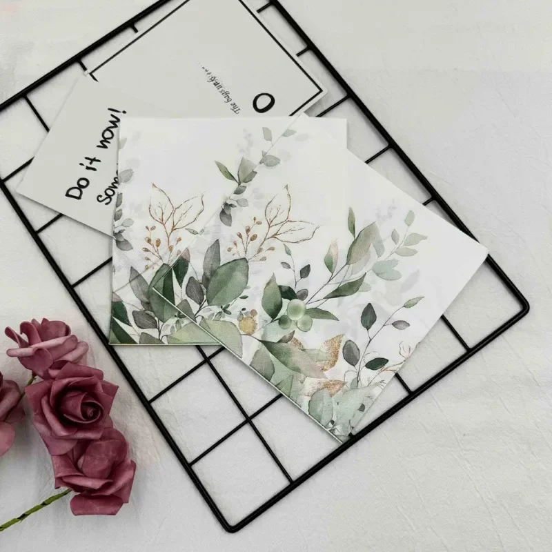 Paper Napkins Disposable Paper Placemats 20pcs 2-Ply Colourful Printed Napkins Forest Green Leaves Hotel Restaurant Table Decoration Wine Glass Flower