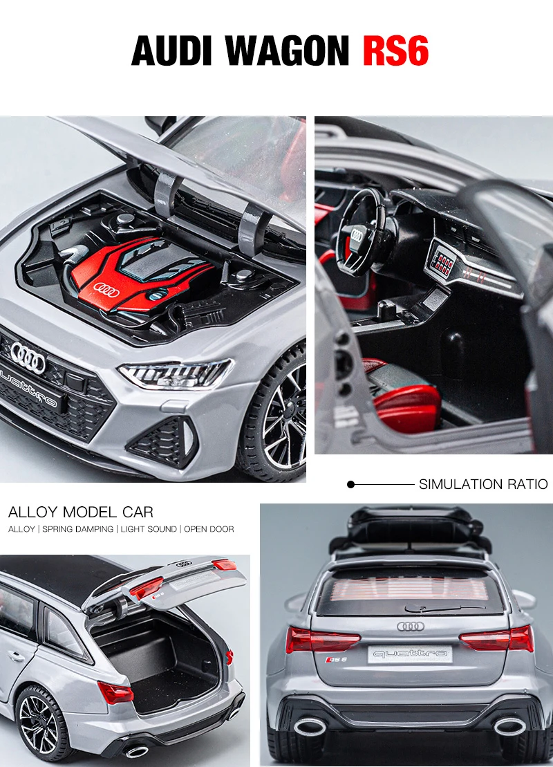 1:24 Audi RS6 Quattro Station Wagon Alloy Toy Car Model Wheel Steering Sound and Light Children's Toy Collectibles Birthday gift