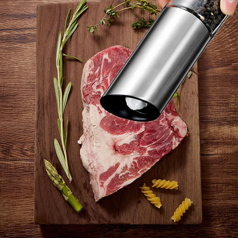 Electric Battery Operated Automatic Salt and Pepper Grinder Set - Stainless  Steel and Acrylic body | Tray Stand - Funnel - Mill Lids | LED Light 