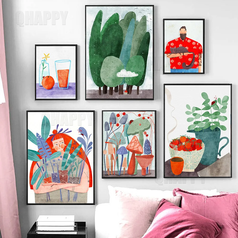 

Daily Life Wall Art Canvas Painting Figure With Cat Poster Plant Mushroom Picture And Prints For Living Room Home Decor Gift