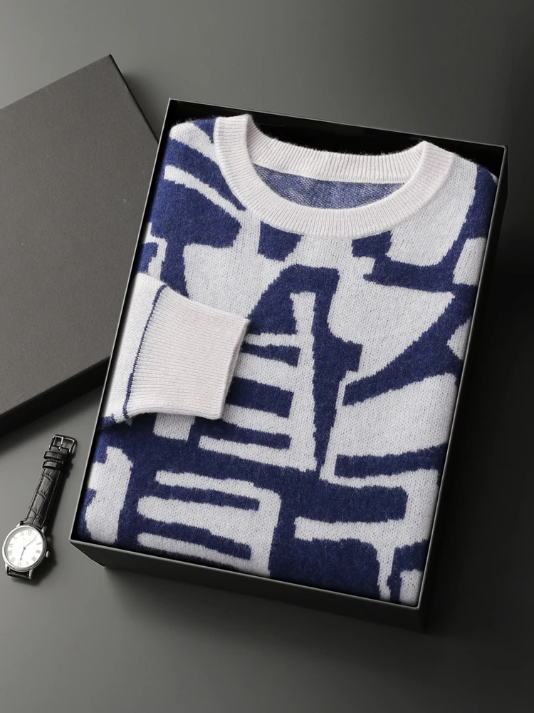 New Chic Men's 100% Cashmere Sweater O-neck Jacquard Pullover Thick Soft Warm Cashmere Knitwear Autumn Winter Casual Jumpers 2