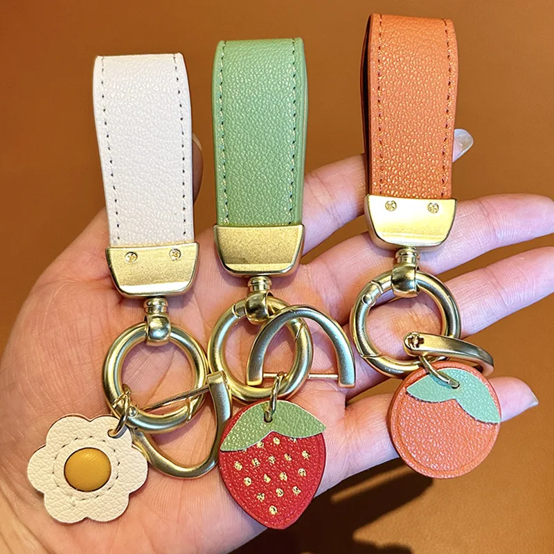 Fashion PU Leather Keychain Leather Strawberry Orange Fruits Key Ring Men  Women Car Key Strap Waist Wallet Key Chains - AliExpress