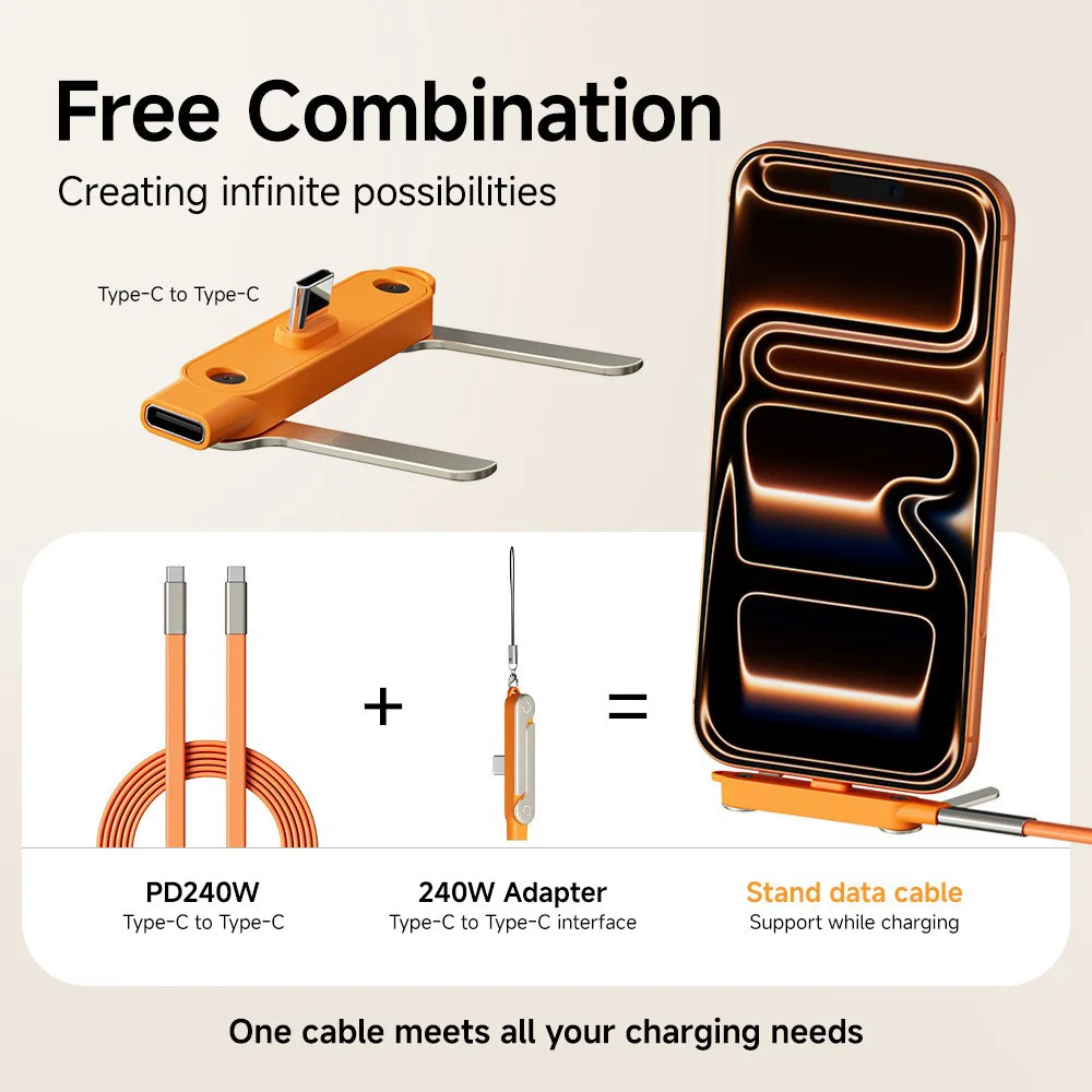 240W 2-in-1 USB C to Type C 고속 충전 접이식 브래킷 데이터 케이블 (아이폰 17, 원플러스용) 분리형 케이블 타입 C 어댑터