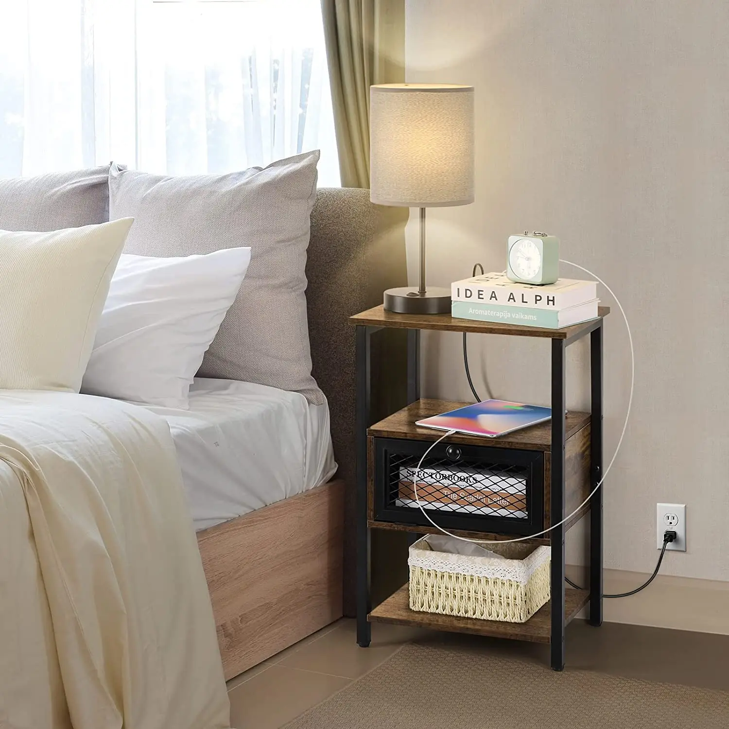 Nightstand with Charging Station, End Table with Power Outlets and USB Ports, Farmhouse Side Table Drawer and Storage Shelf