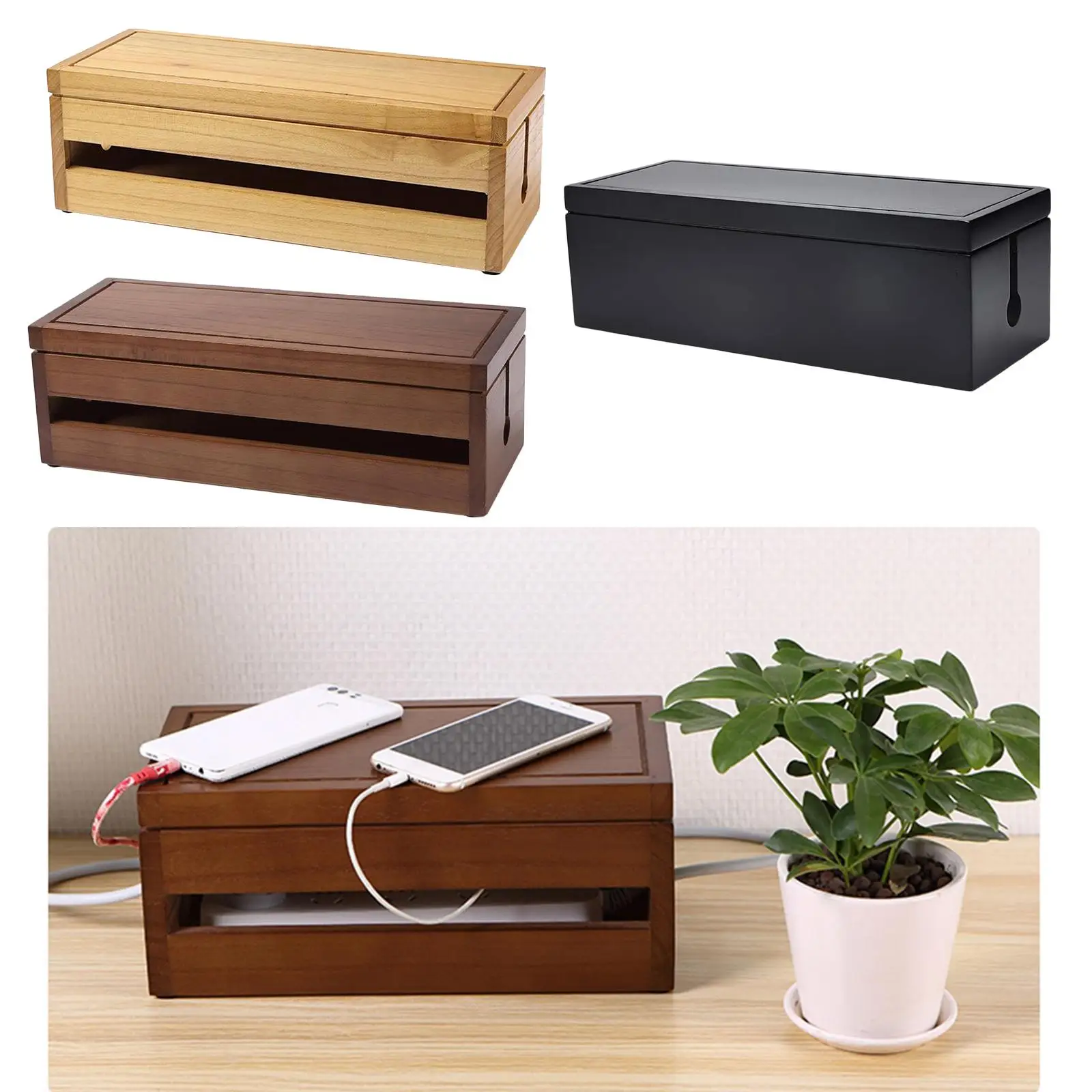 Cable Management Box, 14.8x5.6x4.8 inch, Wooden Case, Cord Organizer for Desk TV