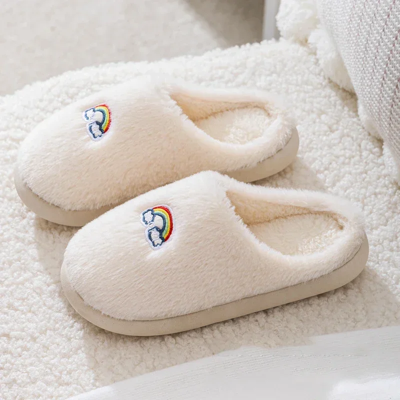 

Winter Fleece Slippers Cute Rainbow Warm Anti-slip Home Cotton Shoes Comfortable and soft Platform Thick bottom Couple Slippers