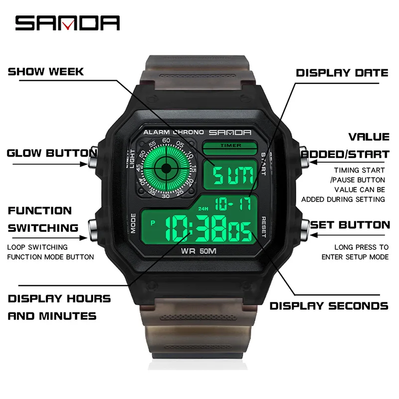 SANDA 6133 Digital Watch Men Sport Chronograph Date Lady Wristwatch TPU Band Week 50m Waterproof unisex Electronic Clock Gift 5