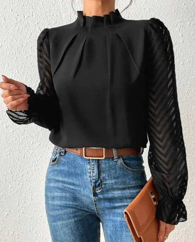 

Women's Blouses Autumn 2023 Elegant Solid Color Daily Commuting V-Shaped Pleated Long-Sleeved Shirt Half Turtleneck Pullover Top