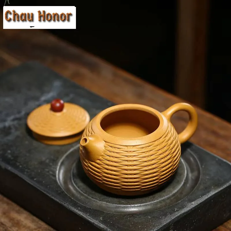 280ml Yixing Purple Clay Teapots Handmade Bamboo Braided Xishi Tea Pot Raw Ore Gold Section Mud Kettle Teaware Tea Ceremony Gift