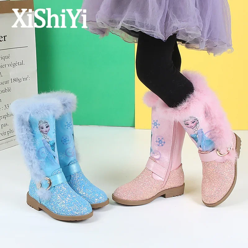 

Disney girls autumn and winter high boot wild elsa princess boots long boots plus velvet children's boot