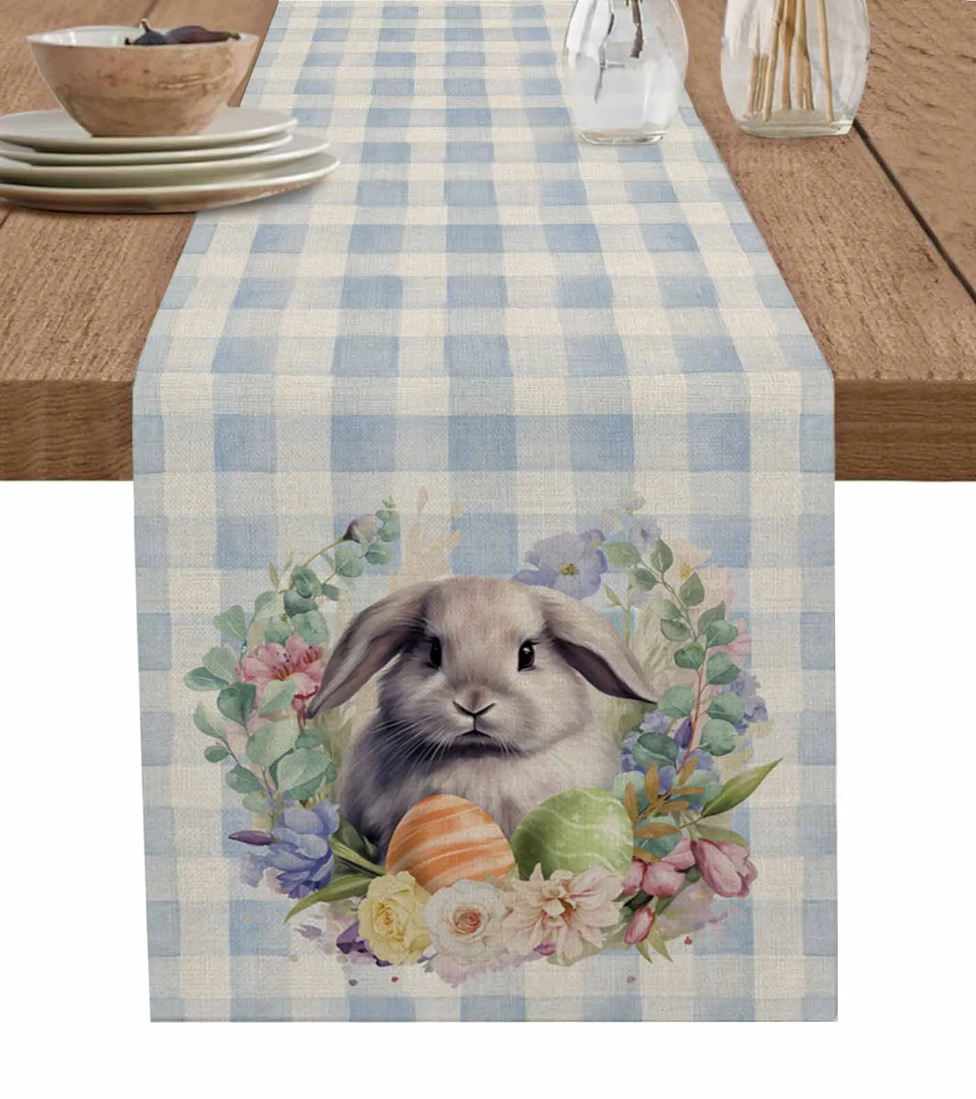 

Easter Rabbit Watercolor Egg Plaid Pattern Table Runner Party Dining Table Cover Cloth Placemat Napkin Home Kitchen Decor