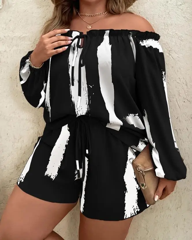 여성용 투피스 세트, 타이 다이 프린트 오프 숄더, 루즈 탑 및 드로스트링 캐주얼 데일리 반바지 세트, 2024 용수철 패션