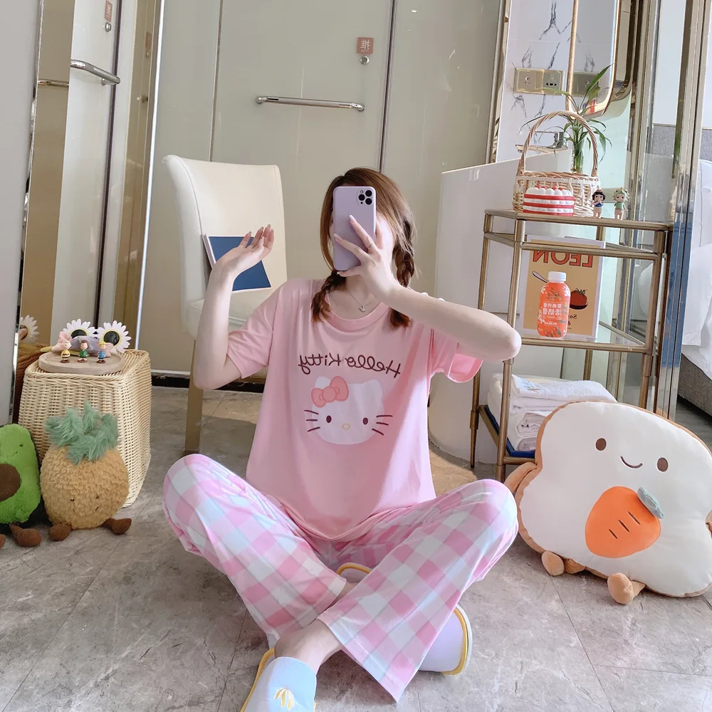 2021 Sanrio Hello Kitty Lengan Pendek Setelan Lengan Panjang Gadis Musim  Panas Piyama Baru Wanita Pakaian Tidur AliExpress