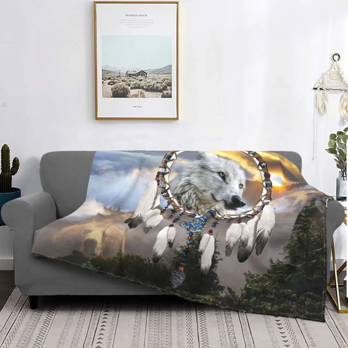

Wolf Bear Dreamcatcher Pattern Blanket Flannel Print Pretty Magical Breathable Warm Blanket Bedroom Cover