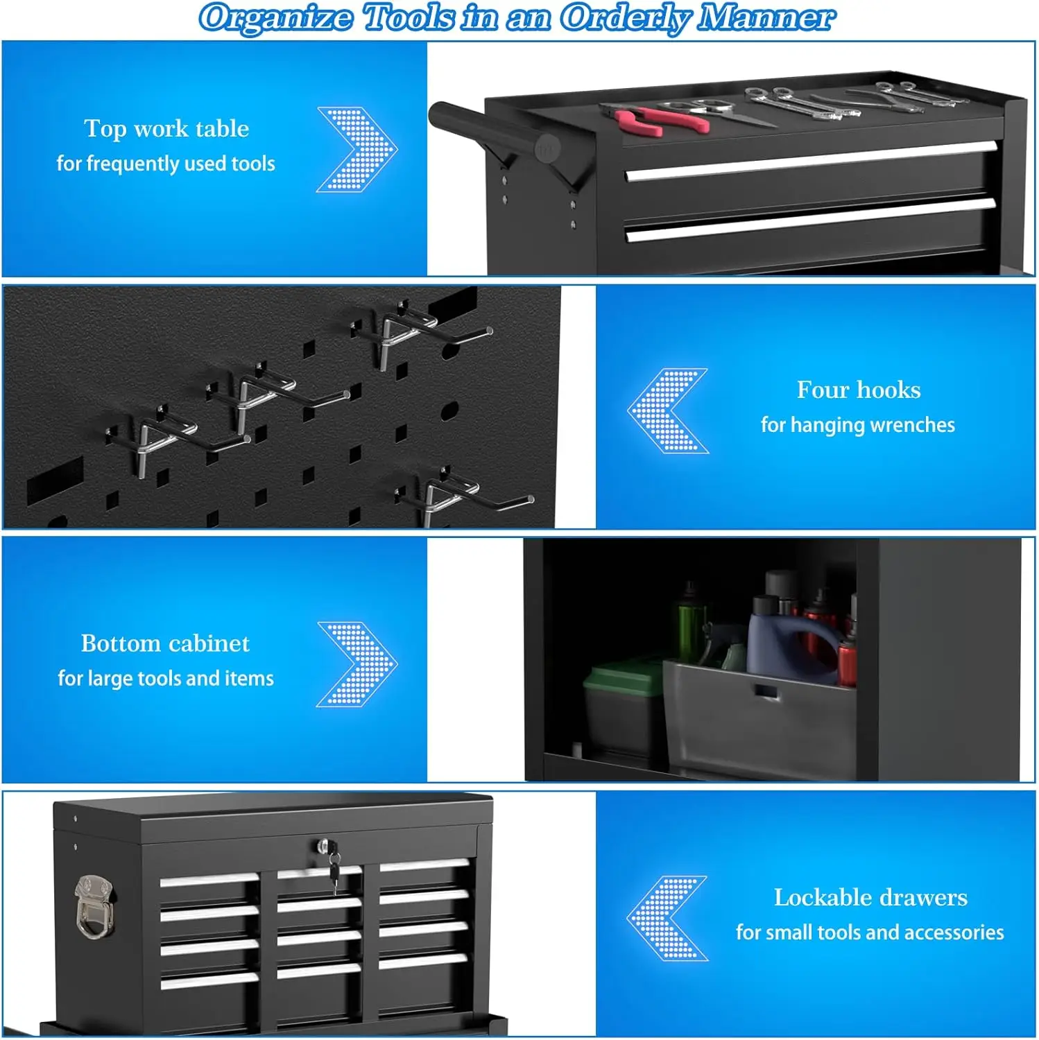8-Drawer High Capacity Rolling Tool Chest Detachable Tool Box with Lock Movable Tool Chest Chest with Wheels Heavy 3