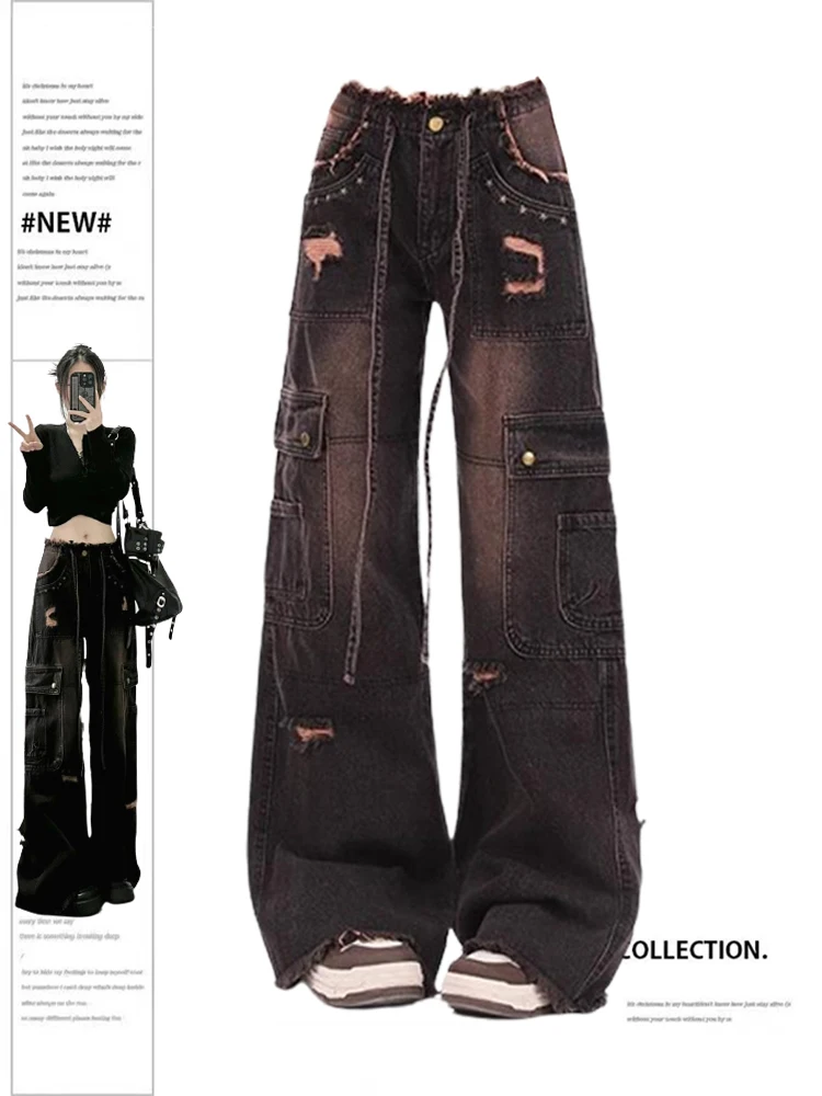 

90s Vintage Black Gothic Cargo Jeans Women Y2k High Waist Wide Leg Denim Trousers Harajuku Baggy Jean Pants Retro 2000s Clothes