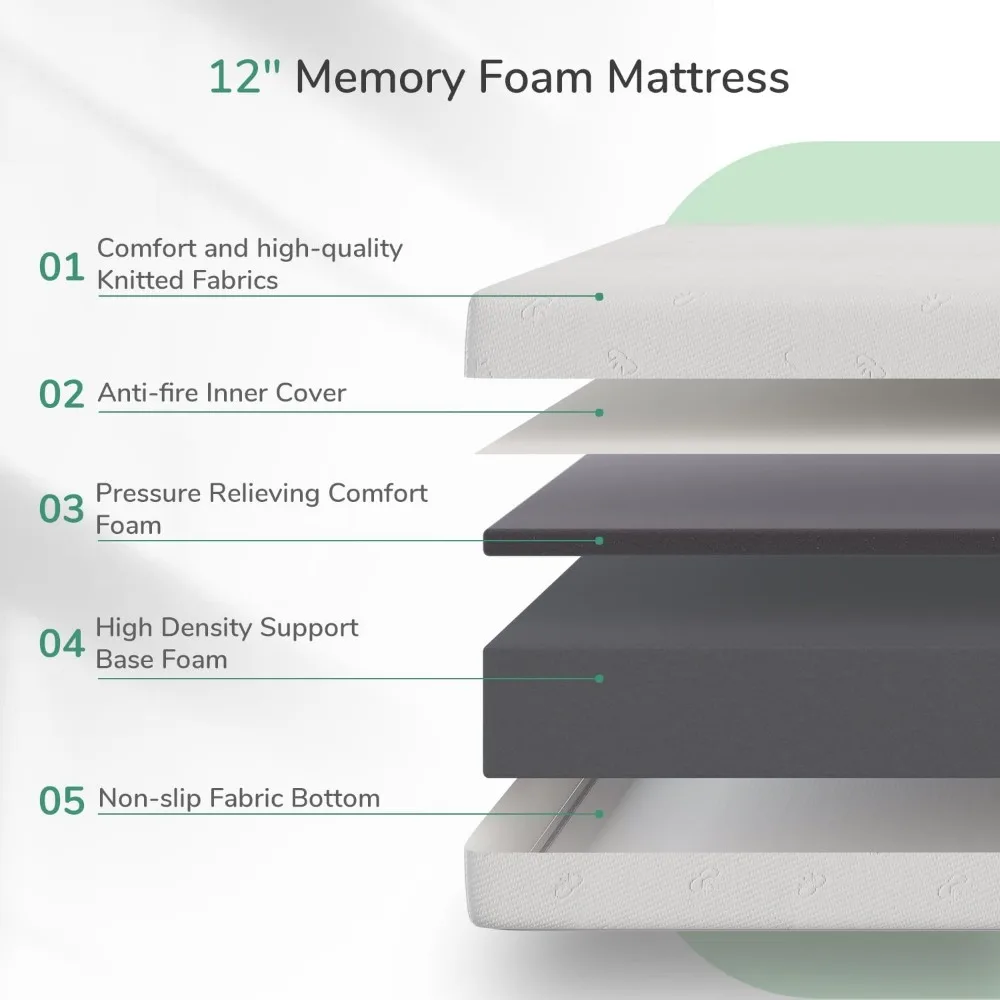 Queen Mattress,12 Inch Size Memory Foam Mattress with Comfort Foam for Pressure Relief&Cool Fresh Sleep,Washable Mattress Cover