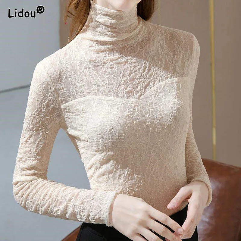 

Turtleneck Spring Summer Slim Lace Elegant Ladies Top Korean Hollow Out Black Apricot Color Temperament Clothing 2022 New Trend