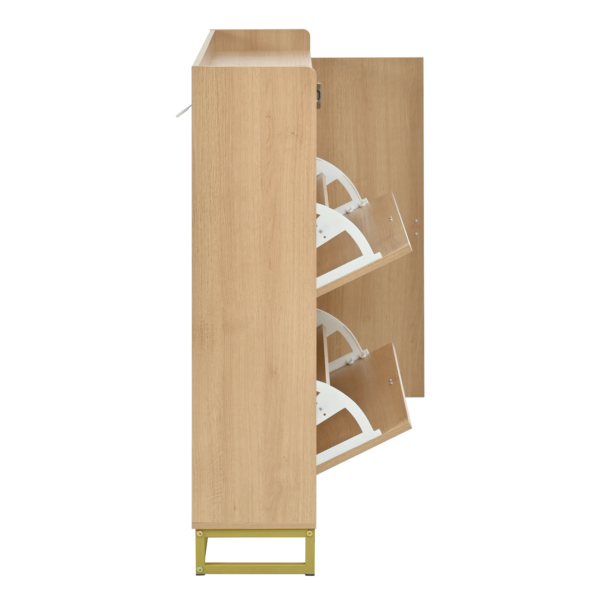 Schuhschrank mit Klappdeckel, doppelt klappbarem Deckel + Seitenschrank, offenes Oberfach, geometrisch geprägte Türen, Metallrahmen – Detail 16