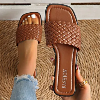 Women's Sandals Summer Luxury Fashion Flat Bottom Slippers Casual Simple Solid Colour One Word Woven Strap Sandy Beach Sandals 1