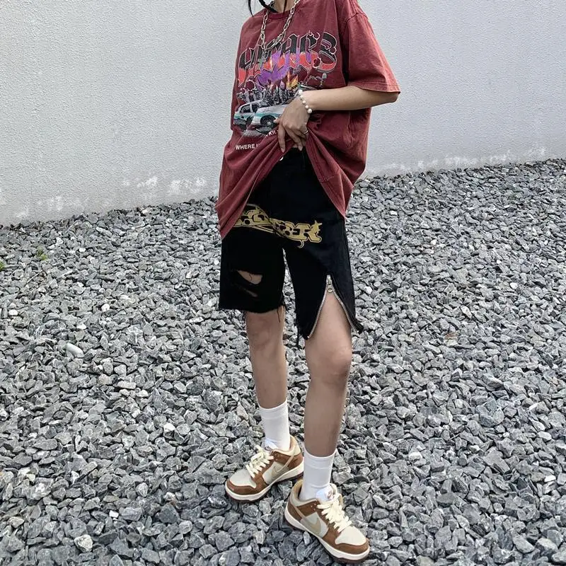 Denim Shorts Letter Print Ripped Large Size American Ins Street Women'S Summer Quarter Pants Versatile Loose Wide Leg Pants