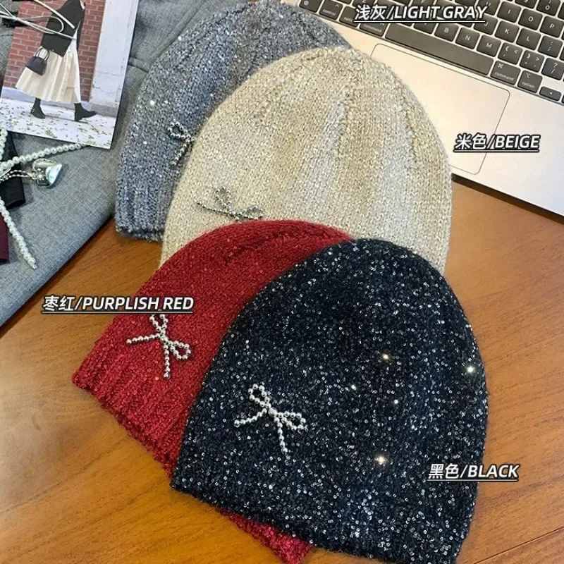 Woman Autumn Winter New Y2k Bow Headgear Silvery Sequined Knitted Hat Girls Ins Designer Fashion Party Cold Skullies Beanies 6