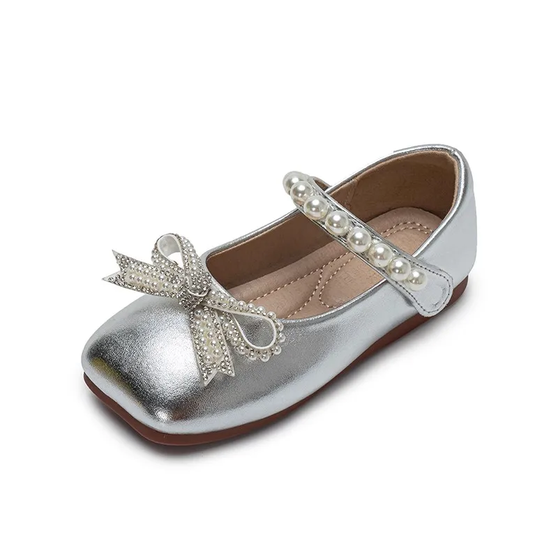 Leather Girls Mary Jane Flats with Shiny Bow for Autumn